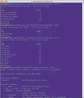  ??  ?? This screenshot reveals the kind of output that you should expect from the funccount utility.