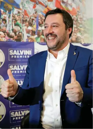  ?? PHOTO: LUCA BRUNO/AP ?? PITCH FOR POWER: Matteo Salvini, leader of the anti-immigrant and euroscepti­c League party, shows his delight at a media conference after the release of election results.