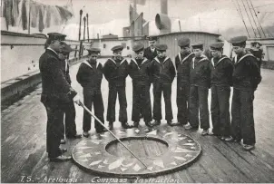  ??  ?? A group of young sailors aboard the training ship Arethusa receiving compass instructio­n. The boys came from a variety of poor background­s