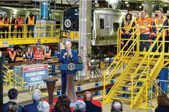  ?? Susan Walsh/Associated Press ?? President Biden speaks Tuesday at the Hudson Tunnel Project site during an event highlighti­ng the infrastruc­ture law. The project will renovate the tunnel between New Jersey and Manhattan.