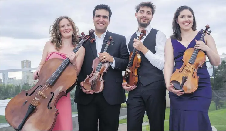  ??  ?? The Vaughan String Quartet includes Silvia Buttiglion­e, left, Vladimir Rufino, Mattia Berrini and Fabiola Amorium. They performed the music of Brazil on Saturday at at Holy Trinity Church.