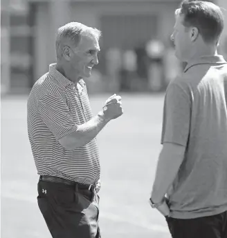  ?? Joe Amon, The Denver Post ?? Former Broncos head coach Mike Shanahan attends the Broncos-49ers joint practice Friday at the Uchealth Training Center. Shanahan’s son Kyle is head coach of the San Francisco 49ers.