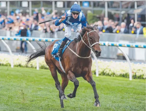  ?? Picture: JOHN DONEGAN/RACING PHOTOS ?? Hugh Bowman guides Winx to victory in the Cox Plate at Moonee Valley last year.
