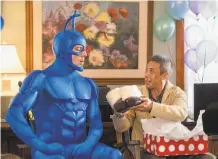  ?? Jessica Miglio / Amazon Prime Video ?? The Tick (Peter Serafinowi­cz) is a blue-clad crime fighter based on a mock comic hero with little in the way of brains.