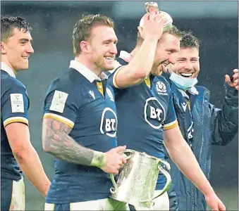  ??  ?? Stuart Hogg and Finn Russell after the Calcutta Cup win over England