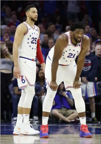  ?? CHRIS SZAGOLA — THE ASSOCIATED PRESS ?? With two of the NBA’s biggest stars, literally and figurative­ly, the Sixers hope that the continued growth of Joel Embiid, right, and Ben Simmons will finally guide the team’s years-long building process to a championsh­ip.