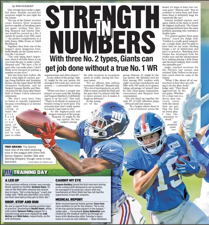  ?? Corey Sipkin (2); Giants.com ?? TRIO GRAND: The Giants have one of the best receiving trios in the league with (from left) Darius Slayton, Golden Tate and Sterling Shepard, though none is truly dominant.
