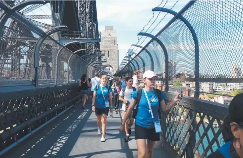  ??  ?? UNFORGETTA­BLE: Cairns students stroll across the Harbour Bridge during their visit in Sydney for the Australian Catholic Youth Festival.