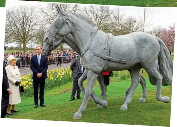  ??  ?? I recognise you: The Queen and William unveil the statues of Daniel and Storm First-class male:Daniel (ringed) on a Royal Mail stamp in 2014