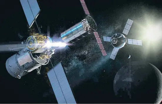  ?? NASA ?? Imagen virtual de la cápsula Orion (derecha) aproximánd­ose a la estación espacial lunar Gateway