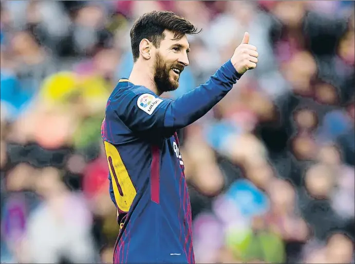  ?? DAVID RAMOS / GETTY ?? Gesto de satisfacci­ón de Messi en el Camp Nou durante el partido del sábado contra el Valencia