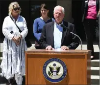  ?? ?? Congressma­n Mike Thompson talks about a women's right to choose as he holds a press conference on the steps of Vallejo City Hall.