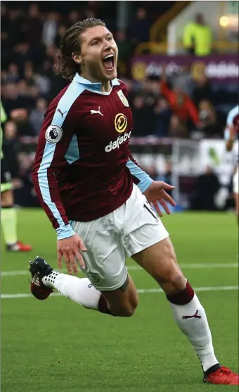  ??  ?? Burnley’s Jeff Hendrick celebrates after scoring a fabulous goal against Bournemout­h.