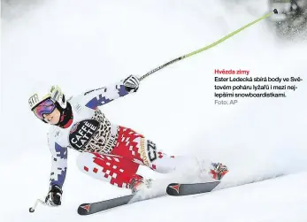  ??  ?? Hvězda zimy Ester Ledecká sbírá body ve Světovém poháru lyžařů i mezi nejlepšími snowboardi­stkami. Foto: AP