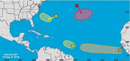  ?? NATIONAL HURRICANE CENTER ?? The National Hurricane Center is tracking four disturbanc­es in the Atlantic Ocean.