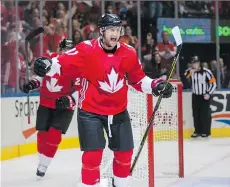  ?? ERNEST DOROSZUK ?? Team Canada forward Steven Stamkos celebrates a goal against Team Europe during the first period of Canada's win in Game 1 of the World Cup of Hockey final in Toronto, Tuesday.