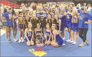  ?? Submitted photo ?? BLUE AND GOLD: The Junior Goldduster­s from Lakeside High School earned numerous trophies, ribbons and performanc­e bids during a recent UDA camp at Arkansas State University in Jonesboro. The team plans to accept an invitation to perform Sept. 30 during...