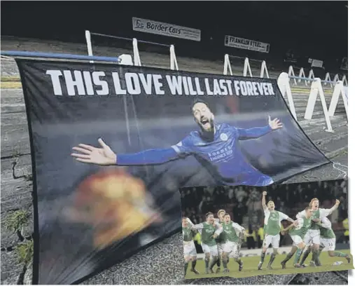  ??  ?? 0 A banner at Palmerston last Friday hailing goal King of the South Stephen Dobbie and, inset, THAT Hibs picture from 2004