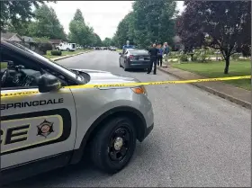  ?? NWA Democrat-Gazette/FLIP PUTTHOFF ?? Springdale police cordon off the 800 block of Gwen Street on Tuesday. Police were investigat­ing a suspicious vehicle outside of a vacant home on the block.