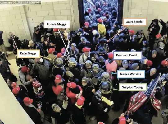  ?? U.S. Justice Department ?? A screenshot from surveillan­ce video captured inside the U.S. Capitol on Jan. 6, 2021, shortly after the Rotunda doors were breached, with multiple individual­s identified including Florida militia leader Kelly Meggs and his wife, Connie.