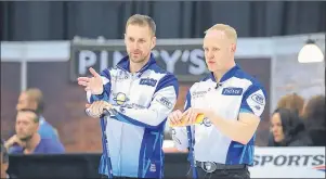  ??  ?? GRAND SLAM OF CURLING/ANIL MUNGAL After going undefeated in winning last weekend’s Tour Challenge Grand Slam event, Brad Gushue (left) and Mark Nichols are spending a little more time trying to figure out the competitio­n in Cornwall, Ont., at the AMJ...