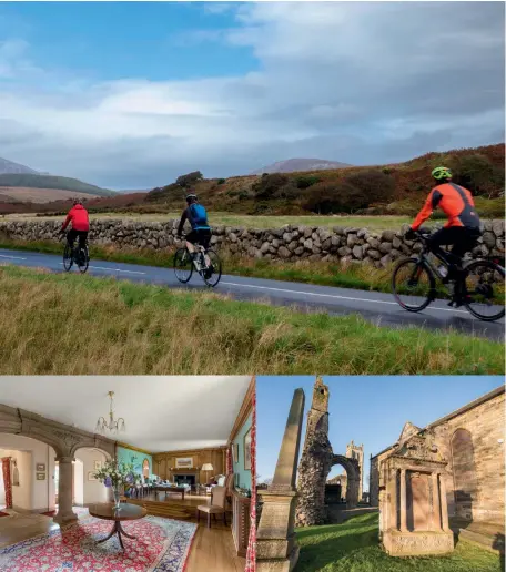  ??  ?? Left (clockwise from
top left): Kelburn Castle; Larg’s resident dophin, Kylie; cyclists on the Isle of Arran; Kilwinning Abbey, North Ayrshire; One of Blair’s grand reception rooms; Stuart Fraser and George Grassie of Isle of Arran Gin Company in their new beach hut distillery; the perfect sunset shot taken from Largs Viewpoint; a seal rests off the Ayrshire coast.