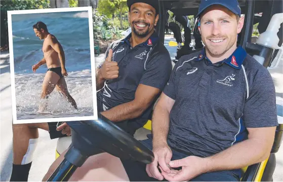  ??  ?? Starting fly-half Kurtley Beale (left) and reserve Bernard Foley golfing at RACV Royal Pines; Foley (inset) cools off at Surfers. (Photo Chris Hyde/Getty Images)