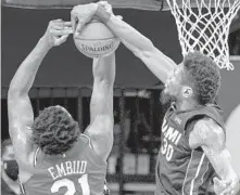 ?? CHRIS SZAGOLA/AP ?? The Heat’s Chris Silva, right, gets the best of 76ers’ Joel Embiid during Thursday night’s game.