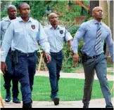  ??  ?? Officer Lerumo (Tshepo Mosese) will be crashing the wedding with the boys in blue, thanks to Yvonne’s ex Siseko (Hlomla Dandala) who has a little chat to bad-boy tech whiz Romeo (Hungani Ndlovu) on Monday 3 February.