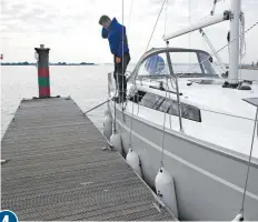  ??  ?? With the engine running ahead, the boat sits securely alongside despite being blown off the pontoon. You can now step off safely and rig the rest of the mooring lines