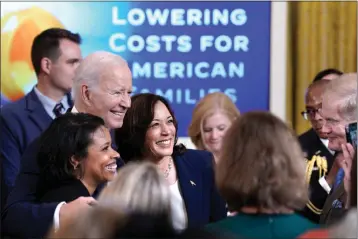  ?? YURI GRIPAS — ABACA PRESS/TNS ?? U.S. President Joe Biden, with Vice President Kamala Harris, greets guests after speaking on lowering health care costs in the East Room at the White House in Washington, D.C. on Tuesday, Aug. 29, 2023.