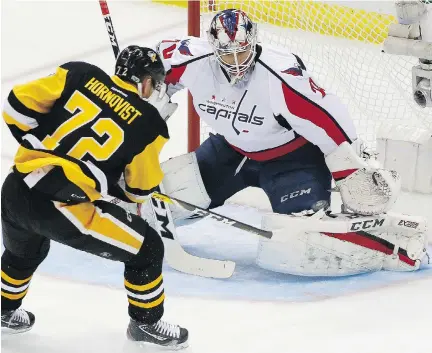  ?? GENE J. PUSKAR/THE ASSOCIATED PRESS ?? Pittsburgh Penguins forward Patric Hornqvist scores on Washington Capitals goaltender Braden Holtby in Game 4 of their Eastern Conference semifinal in Pittsburgh on Wednesday. The Penguins won 3-2, taking a commanding 3-1 lead in the series.