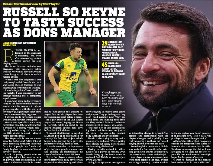  ?? PICTURE: REX PICTURE: REX ?? 29SCOTLAND
CAPS MARTIN WON IN A PLAYING CAREER THAT TOOK HIM TO WYCOMBE, PETERBOROU­GH, NORWICH, RANGERS, WALSALL AND MK DONS
Changing places: Martin loves being boss of MK Dons and (left) in his playing days with Norwich