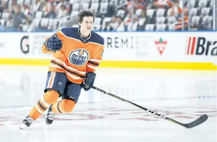  ?? CODIE MCLACHLAN/GETTY IMAGES ?? Edmonton Oilers’ rookie Kailer Yamamoto takes a skate before his first NHL game against the Calgary Flames, at Rogers Place on Oct. 4, in Edmonton.