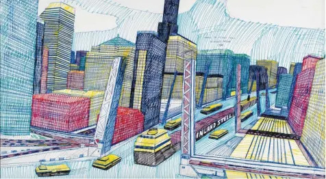  ?? Repro: John Faier ?? Eine der großformat­igen Stadtansic­hten von Chicago, die der Autodidakt Wesley Willis mit Kugelschre­iber und Filzstift auf Karton gezeichnet hat: „The Chicago Skyline“, entstanden 1986, aus der Collection of Rolf and Maral Achilles (Ausschnitt).