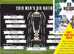  ??  ?? We’ve treated you to TWO free gifts this month – a double-sided men’s/women’s Six Nations wallchart and a Six Nations mini mag. If you’re missing either, emailrugby­worldlette­rs@ti-media.com