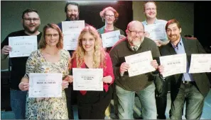  ?? CAROL ROLF/CONTRIBUTI­NG PHOTOGRAPH­ER ?? Among those honored at the Conway Community Arts Associatio­n’s 2017 awards ceremony are, front row, from left, Dana Kordsmeier, who was recognized as Best Actress; Kathy Busch, Best Supporting Actress; Jeff Ward, Best Supporting Actor; and Shua Miller,...