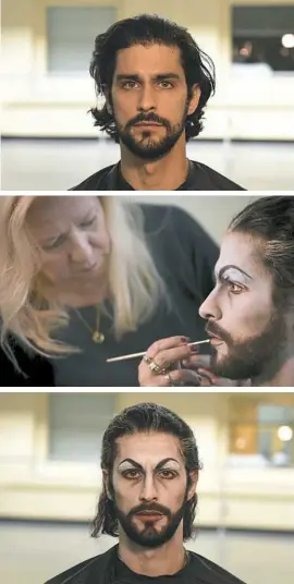  ?? Steve Mellon/Post-Gazette photos ?? Theater makeup artist and hair stylist Sherry Deberson transforms Alejandro Diaz into Dracula at the PBT’s Strip District location.