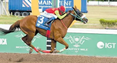  ?? ANTHONY MINOTT/FREELANCE PHOTOGRAPH­ER ?? YELLOWSTON­E, ridden by Jordan Barrett, wins the seventh Supreme Ventures Racing and Entertainm­ent Ltd’s Anniversar­y Trophy over five-and-a-half furlongs at Caymanas Park yesterday.