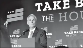  ?? Gillian Brassil via TNS ?? House Minority Leader Kevin Mccarthy, R-bakersfiel­d, speaks to supporters and reporters at the “Take Back the House” election watch party in Washington, D.C., around 2 a.m. Wednesday.