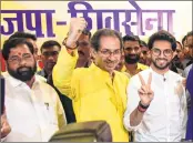  ??  ?? Shiv Sena leaders Uddhav Thackeray and Aaditya Thackeray at the BJP-Sena joint Press meet in Mumbai on Friday. —Bhushan Koyande