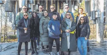  ?? ?? Startup Grind Scotland team with tech entreprene­urs at the Sibelius Monument, Helsinki