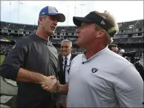  ??  ?? Indianapol­is Colts head coach Frank Reich (left) shakes hands with Oakland Raiders head coach Jon Gruden after an NFL football game in Oakland,on Sunday. AP PHOTO/BEN MARGOT