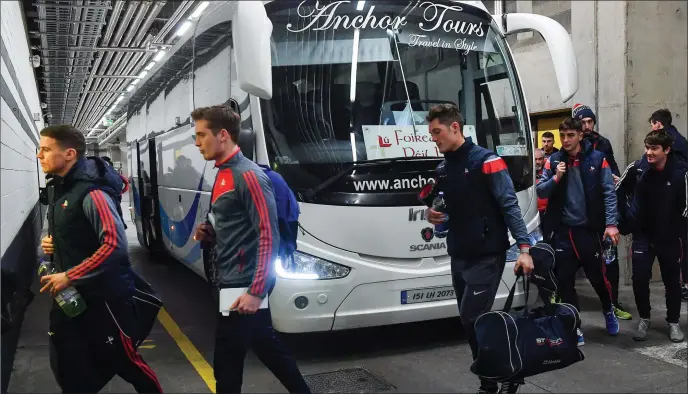  ??  ?? Louth players Ronan Holcroft, Ciaran Byrne, Declan Byrne, Emmet Carolan, Ross Nally and James Califf head from their coach to the dressing rooms under the Hogan Stand.