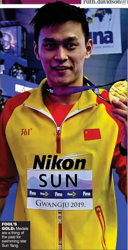  ??  ?? FOOL’S
GOLD: Medals are a thing of the past for swimming star Sun Yang