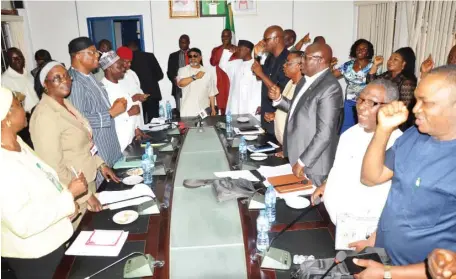  ?? Photo: FML&E ?? Minister of Labour and Employment, Sen. Chris Ngige, meet with the leadership of PENGASSAN and NUPENG in Abuja yesterday