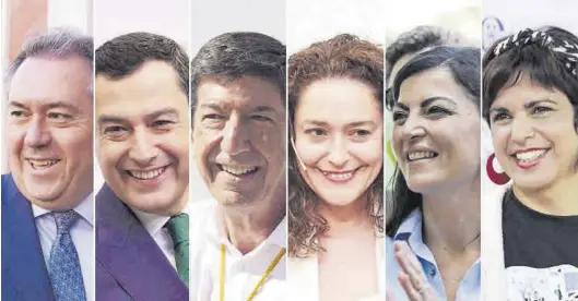  ?? Juan Marín (Ciudadanos), ?? Candidatos a las elecciones en Andalucía de izquierda a derecha: Juan Espadas (PSOE), Juanma Moreno (PP), Inmaculada Nieto (Por Andalucía), Macarena Olona (Vox) y Teresa Rodríguez (Adelante Andalucía).