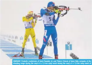  ?? — AFP ?? OBERHOF: Frederik Lindstroem of team Sweden (L) and Thierry Chenal of team Italy compete at the shooting range during the men’s 4 x 7,5 km relay event during the men’s 4 x 7,5 km relay event of the IBU Biathlon World Cup in Oberhof, eastern Germany,...
