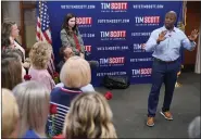  ?? AP PHOTO/ ROBERT F. BUKATY, FILE ?? Republican presidenti­al candidate South Carolina Sen. Tim Scott speaks during a campaign event with the New Hampshire Federation of Republican Women, May 25, 2023, in Manchester, N.H.