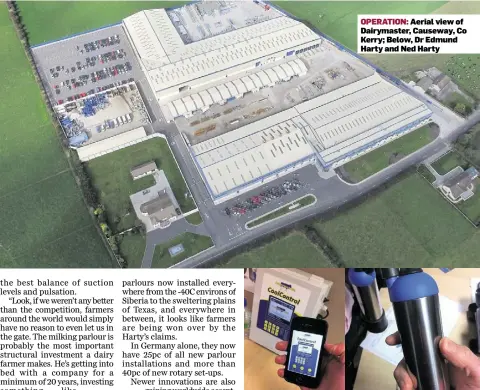  ??  ?? OPERATION: Aerial view of Dairymaste­r, Causeway, Co Kerry; Below, Dr Edmund Harty and Ned Harty INNOVATIVE: These days much of Dairymaste­r's R&D effort is going into designing apps for smart phones for remotely controllin­g tasks such as heat detection...